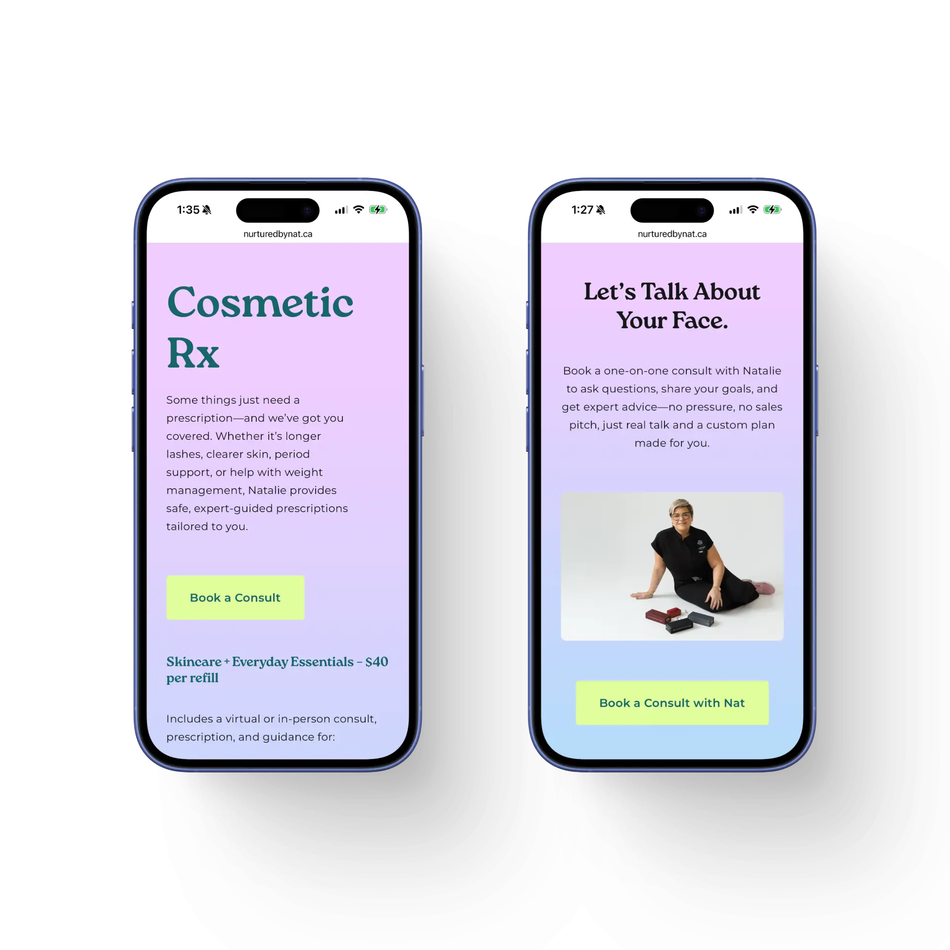 Nurtured by Nat website mockups on mobile