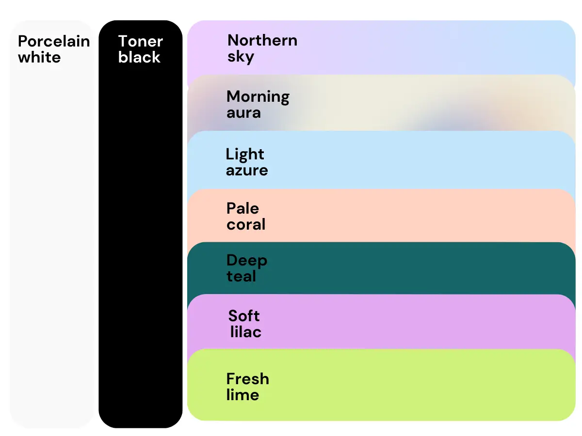 Brand colour palette for the Nurtured by Nat cosmetic clinic website design showing porcelain white, toner black, teal, lilac and coral tones